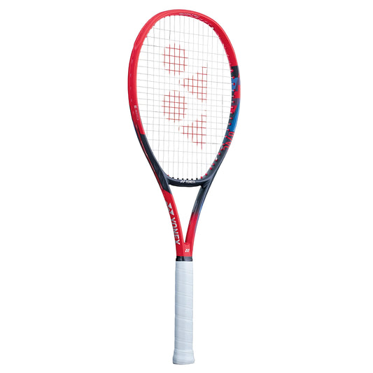 Red and black tennis racket with white handle on a white background