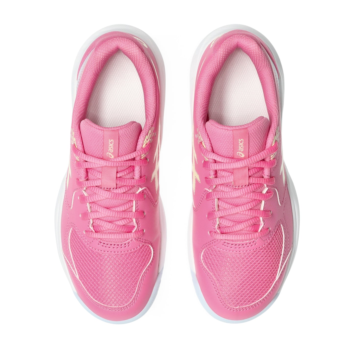 A pair of pink ASICS tennis shoes shown from a top-down view on a clean white background.
