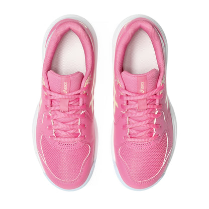 A pair of pink ASICS tennis shoes shown from a top-down view on a clean white background.