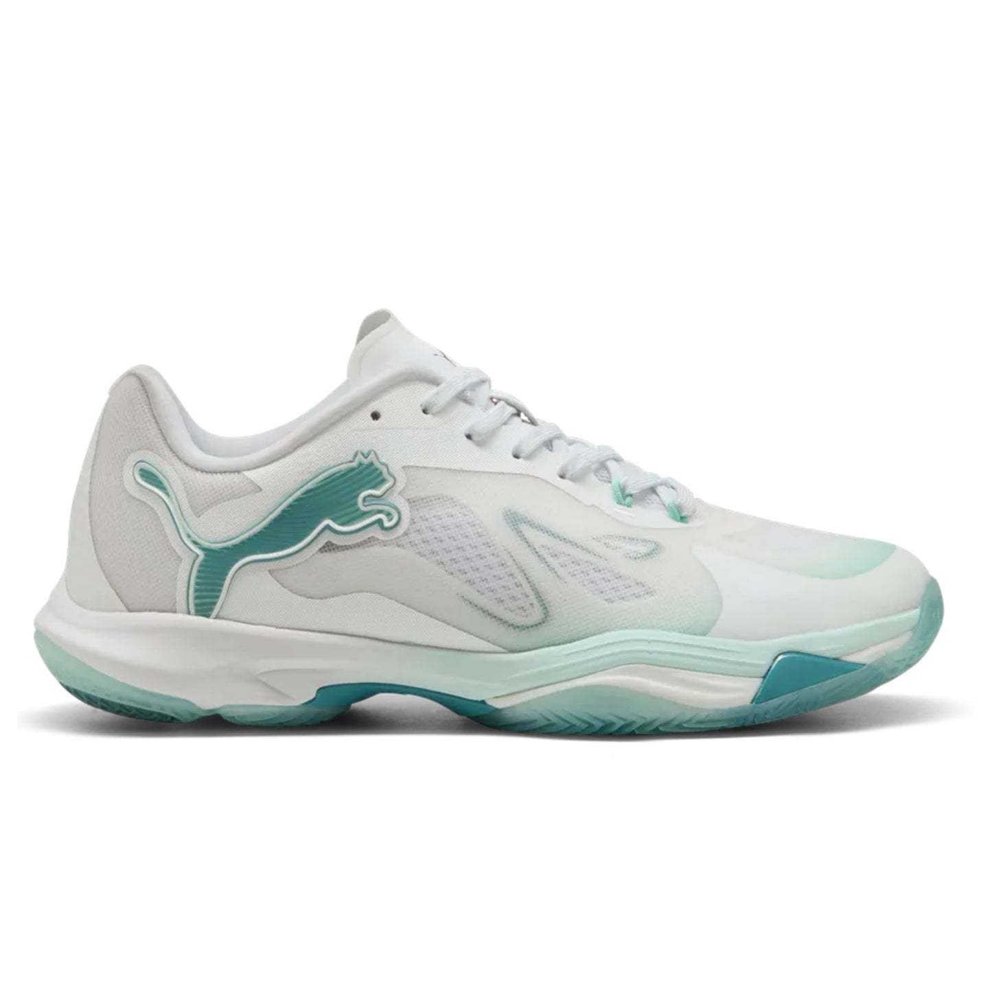 White and green netball shoe with a brand logo on a white background