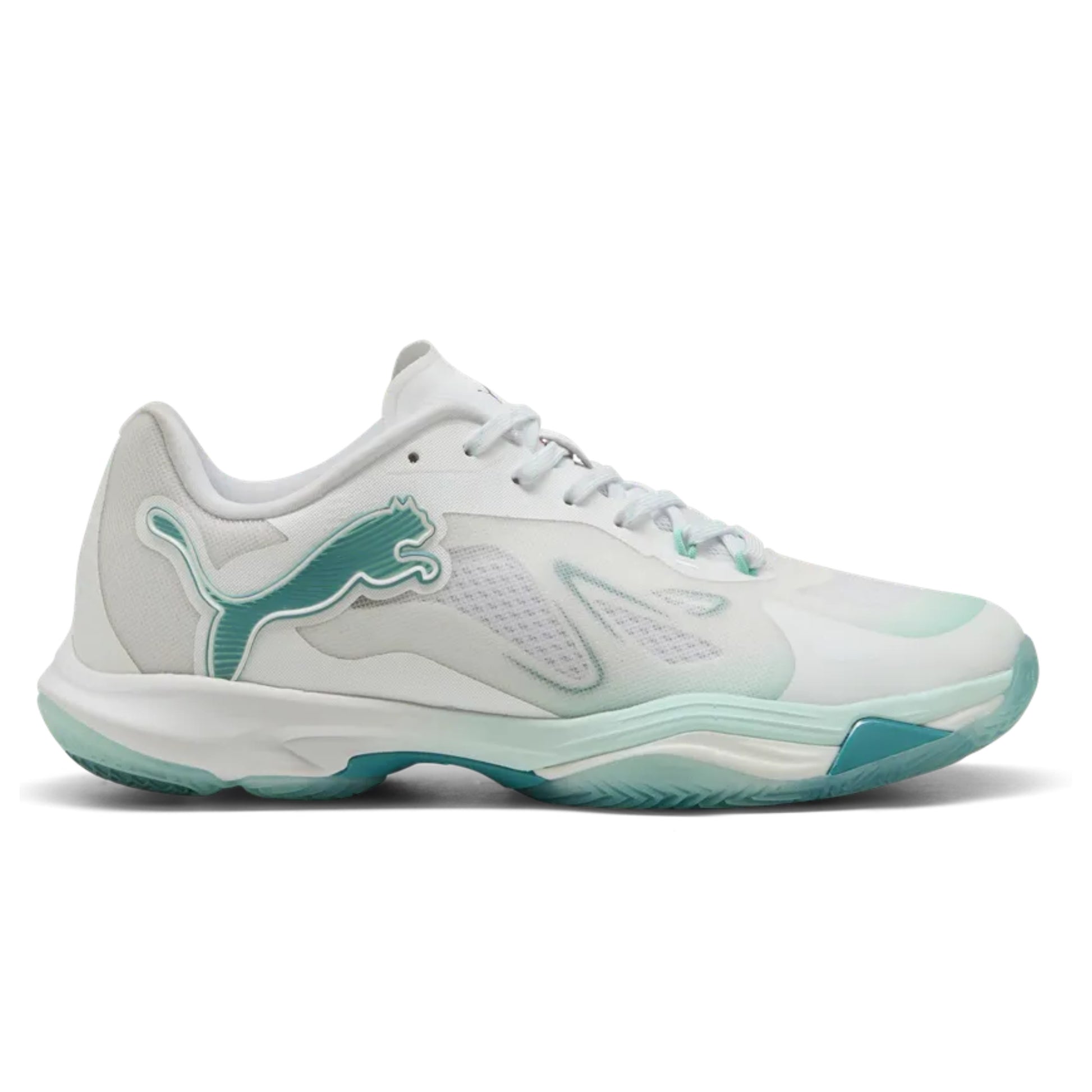 White and green netball shoe with a brand logo on a white background