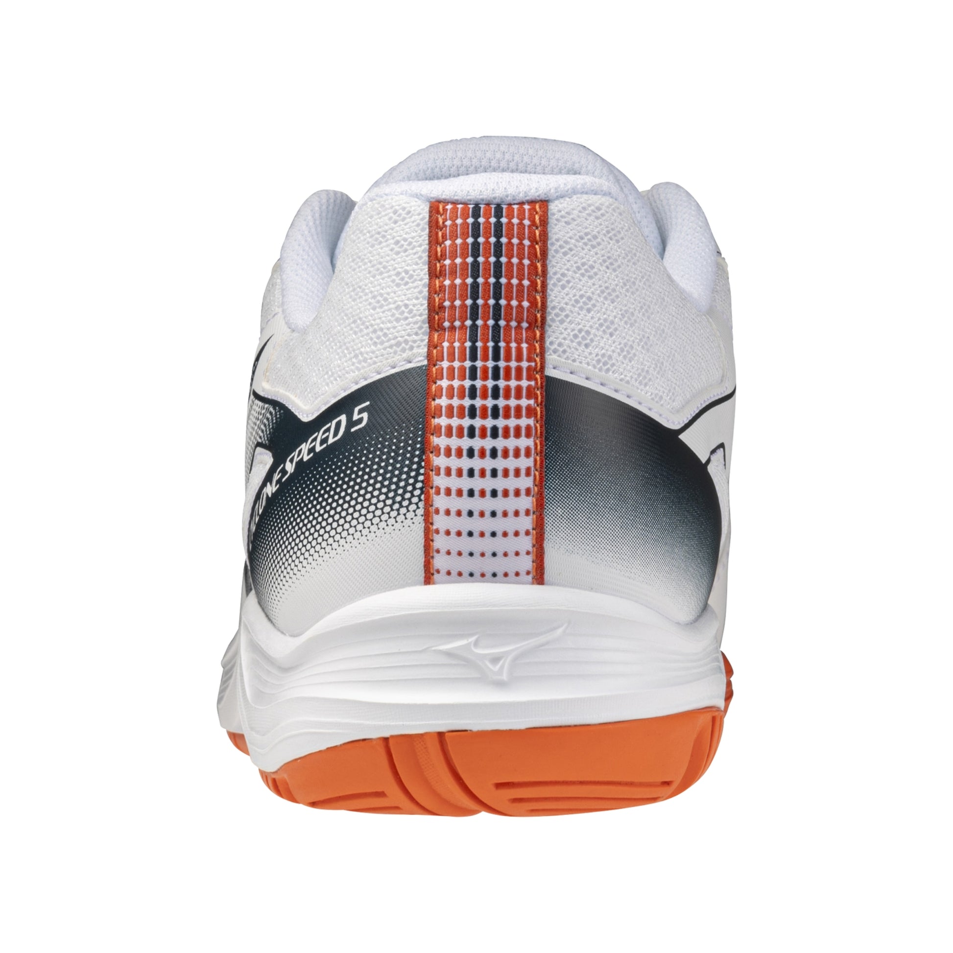 A rear three-quarter view of a Mizuno squash shoe on a white background, featuring a white mesh upper, a black and gray gradient heel, a vertical orange and red dotted stripe, and an orange outsole.