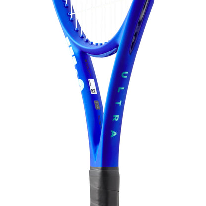 Blue tennis racket with 'ULTRA' branding on a white background