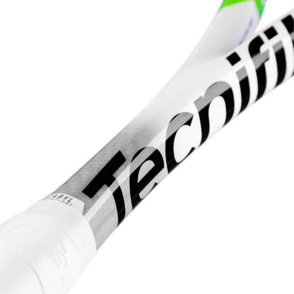 Close-up of a Tecnifibre squash racket shaft with a white grip and large black 'Technifibre' branding on a white background.