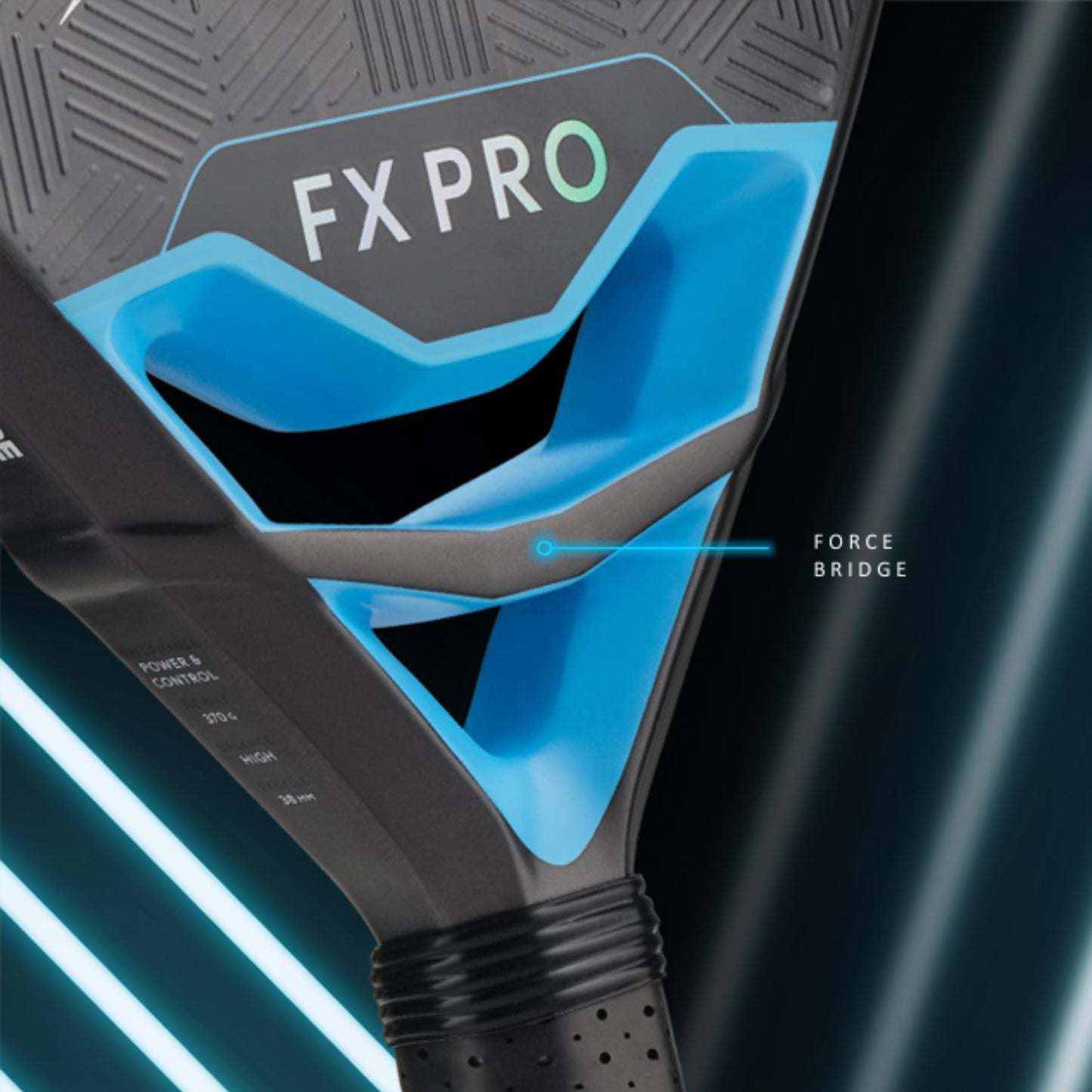 Close-up of a FX Pro Dunlop padel racket with blue and black design on a dark background