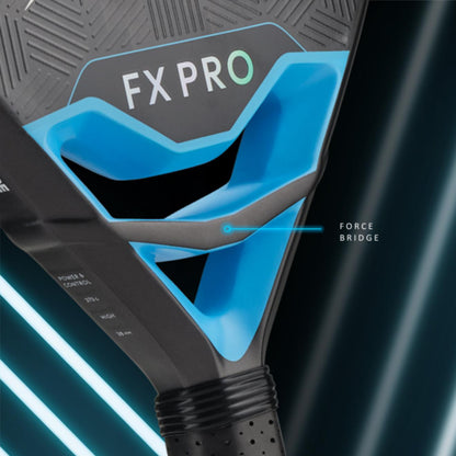 Close-up of a FX Pro Dunlop padel racket with blue and black design on a dark background