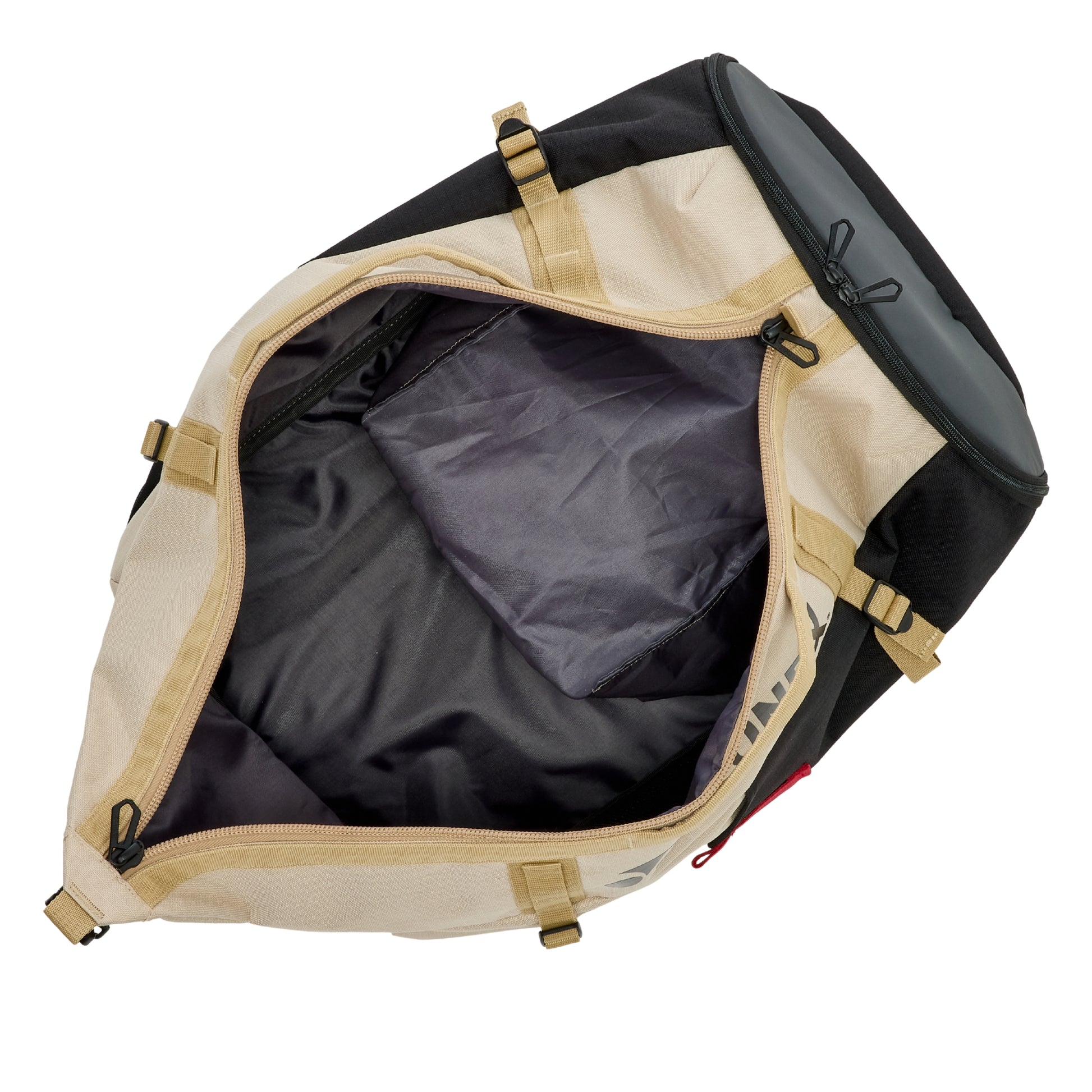 Open backpack with beige and black compartments on a white background