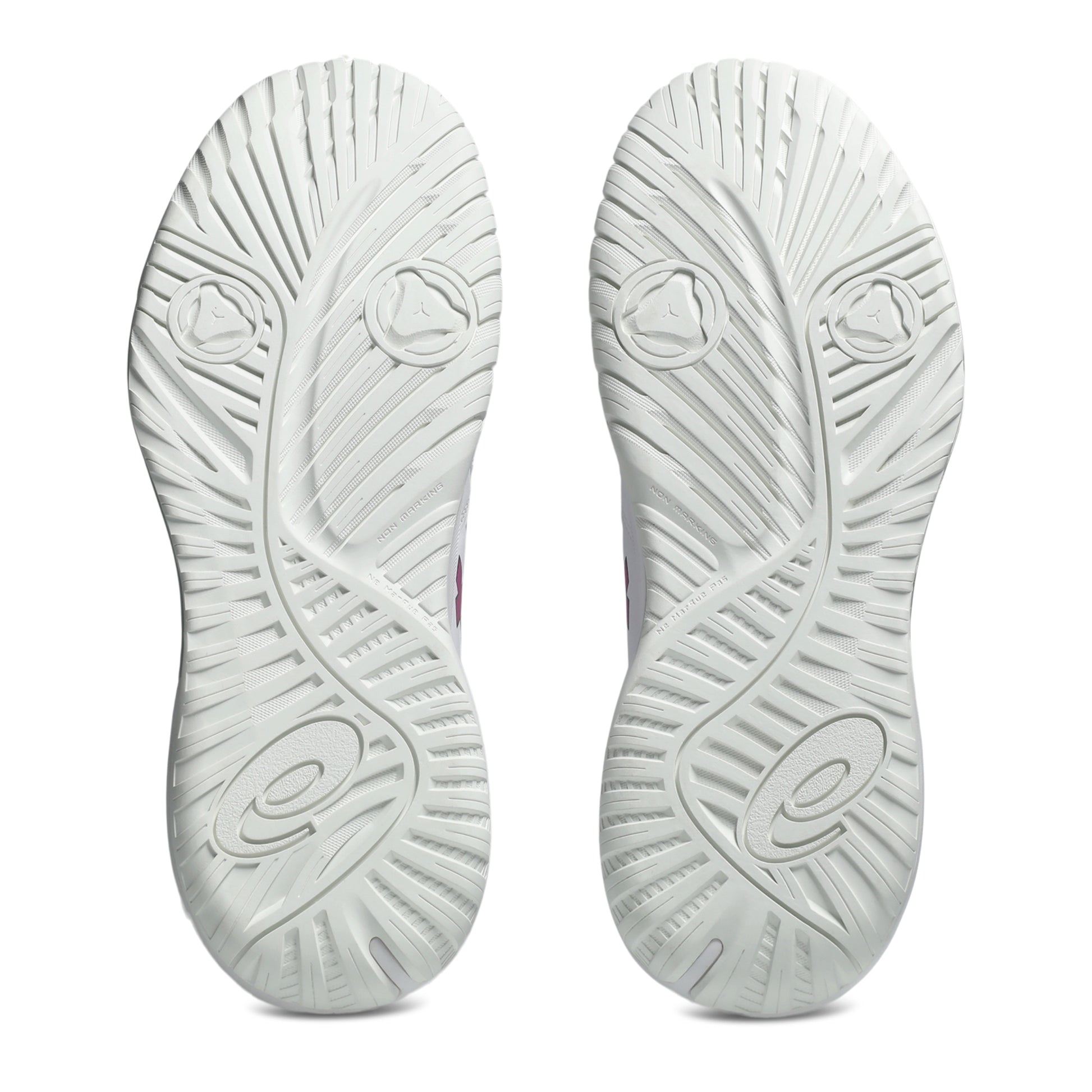 White shoe soles with tread pattern on a white background
