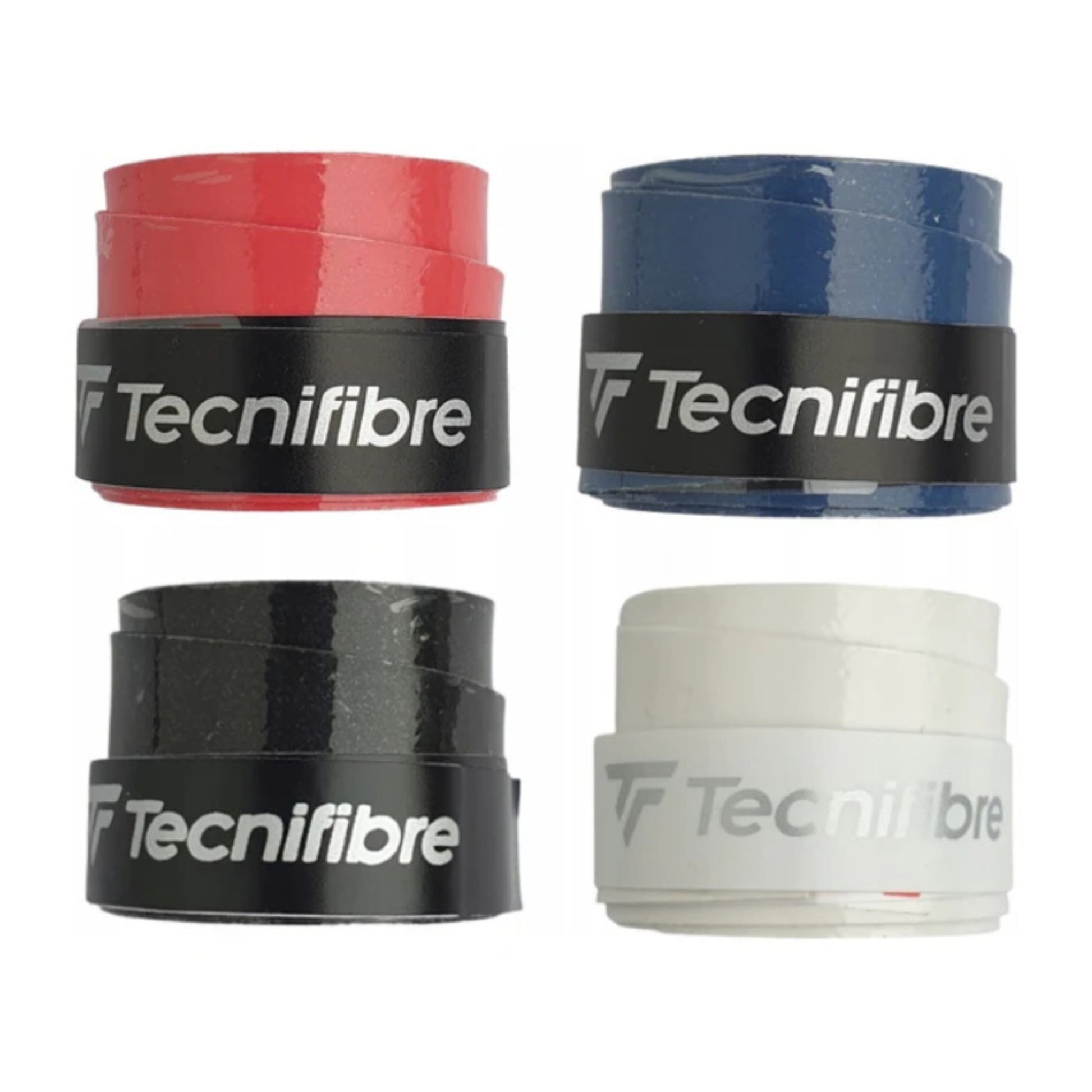 Four Tecnifibre tennis racket grip sleeves in red, blue, black, and white on a white background.