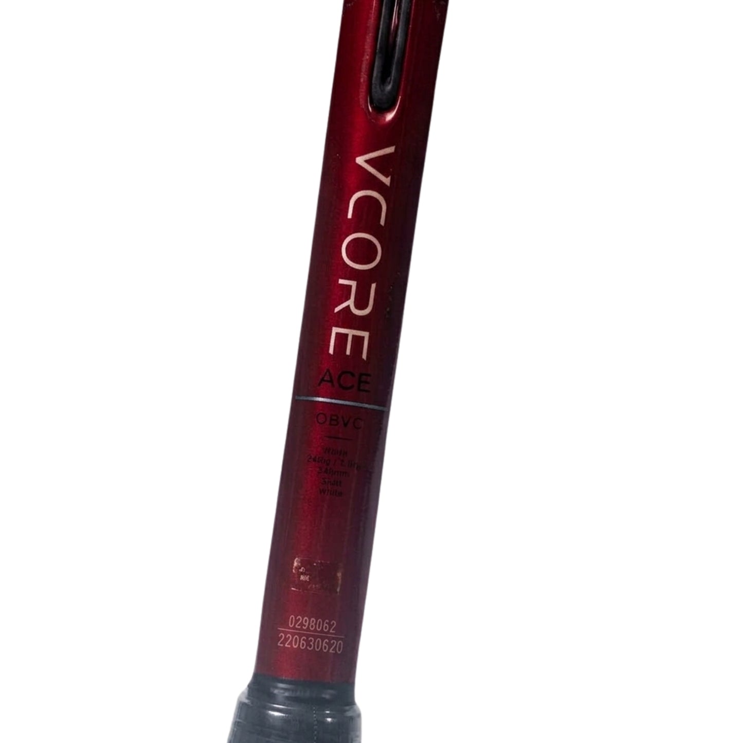 Close-up of a Red Yonex vcore Ace red racket on a white background