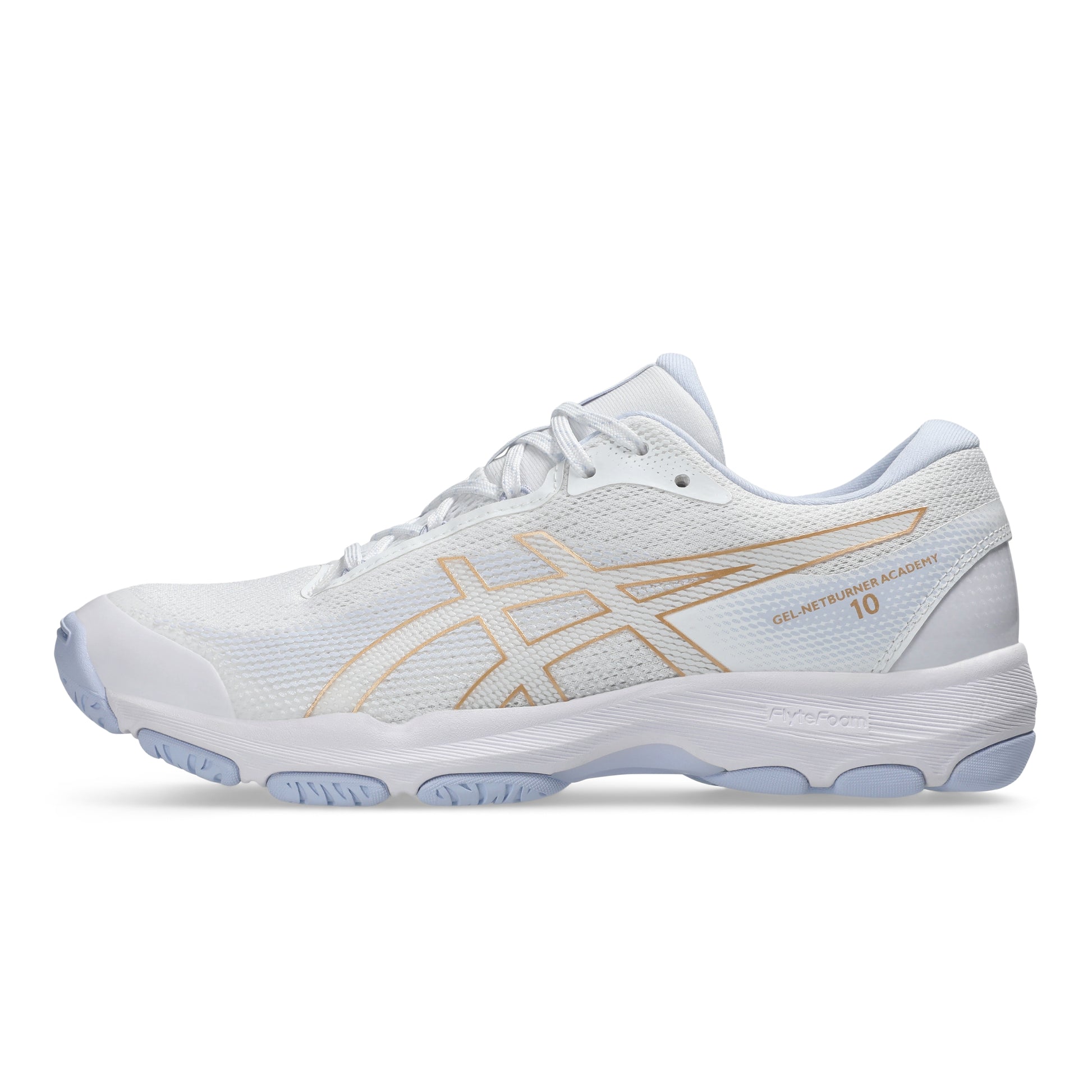 White netball shoe with gold accents on a white background