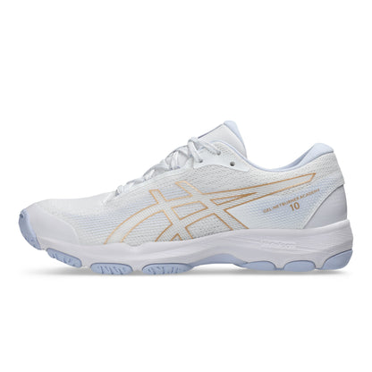 White netball shoe with gold accents on a white background