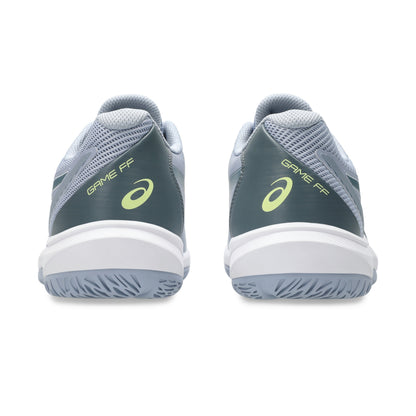 Back view of an Asics shoe with the wording Game FF on a white background