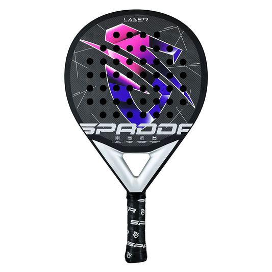 Spadda padel racket with black and purple design on a white background