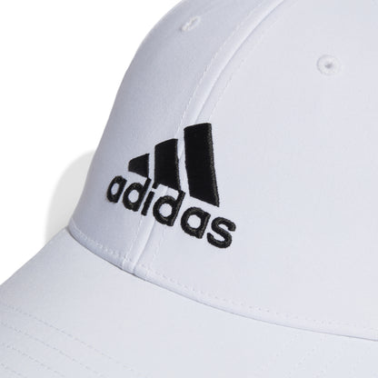 White Adidas cap with black logo on a white background