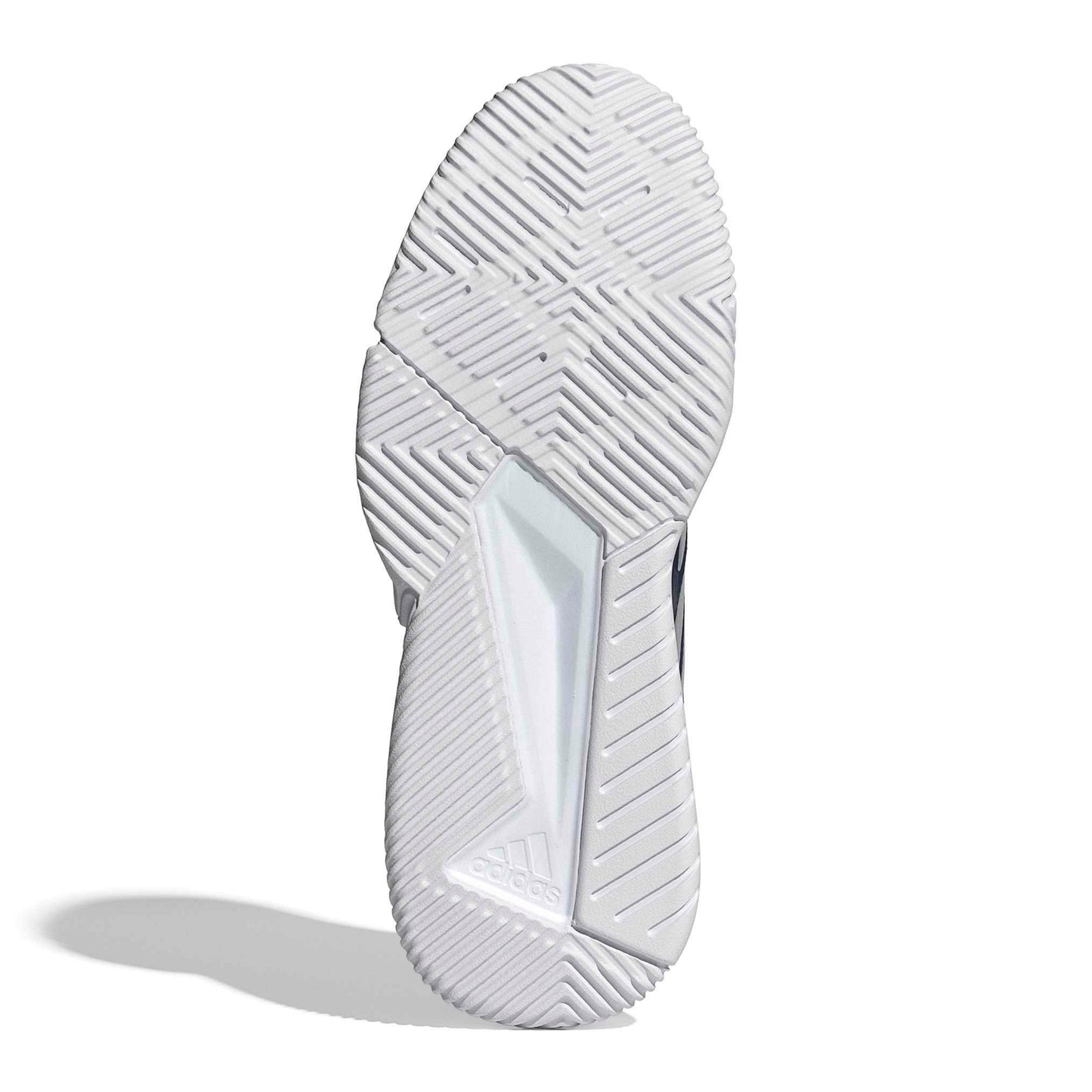 Bottom view of a padidas padel shoe with a white tread pattern shoe sole on a white background