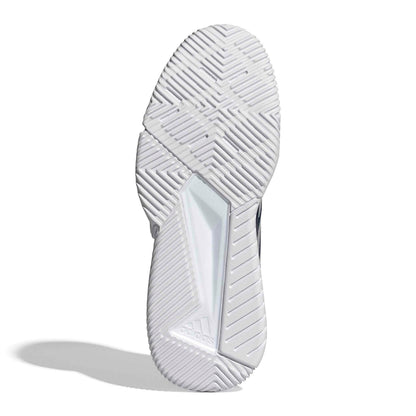 Bottom view of a padidas padel shoe with a white tread pattern shoe sole on a white background
