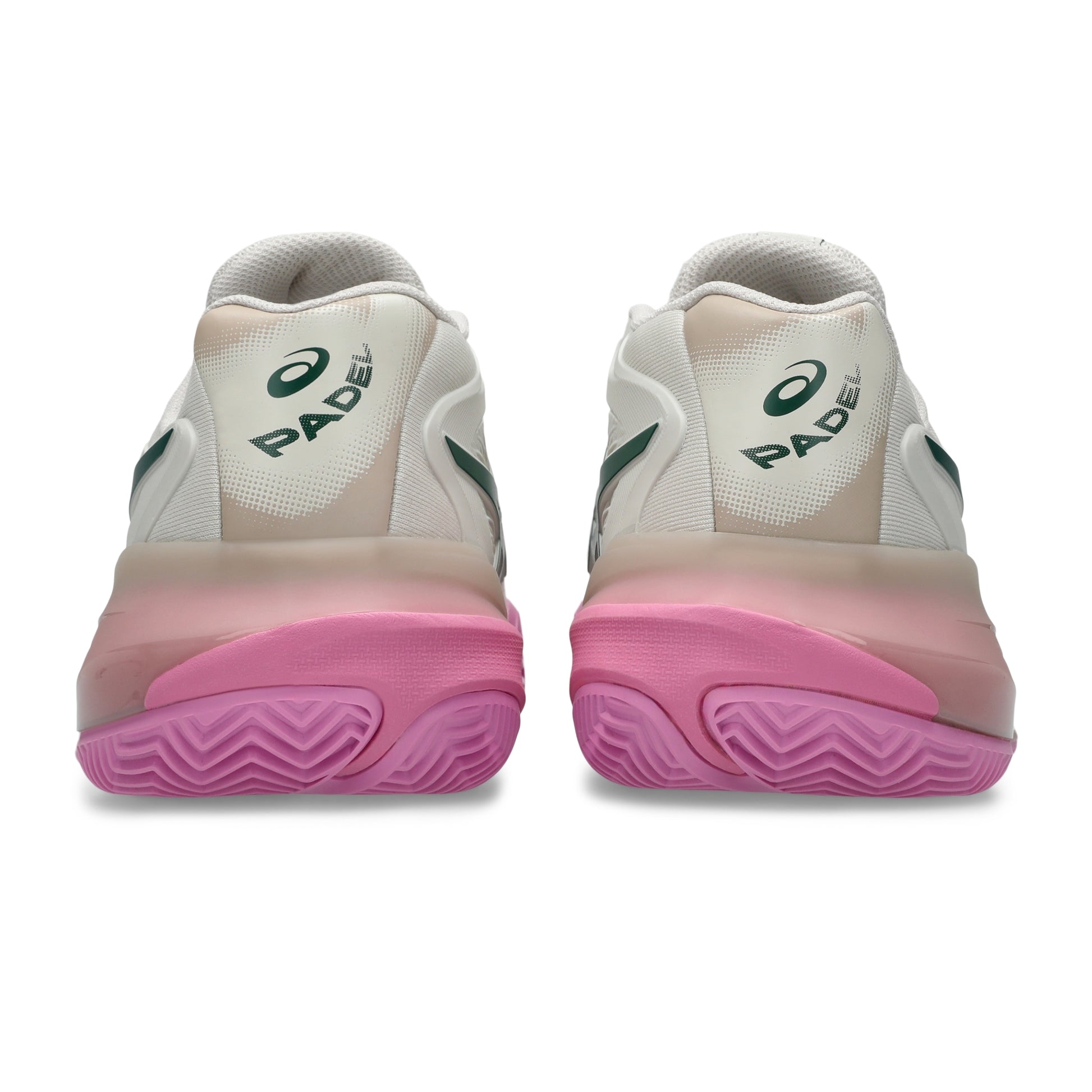 A pair of Asics Padel padel shoes shown from the back, featuring a white and beige upper, a translucent pink midsole, and a vibrant pink outsole.