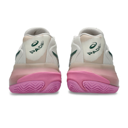 A pair of Asics Padel padel shoes shown from the back, featuring a white and beige upper, a translucent pink midsole, and a vibrant pink outsole.