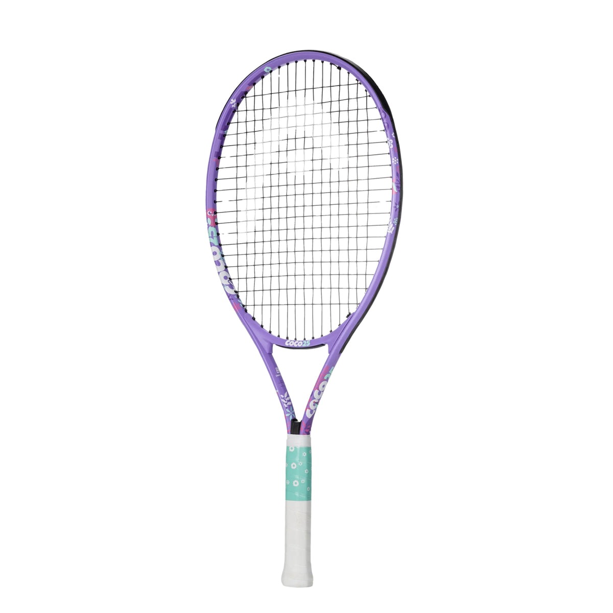 A purple and pink Head tennis racket with a white grip and mint green tape wrap, shown vertically against a plain white background.