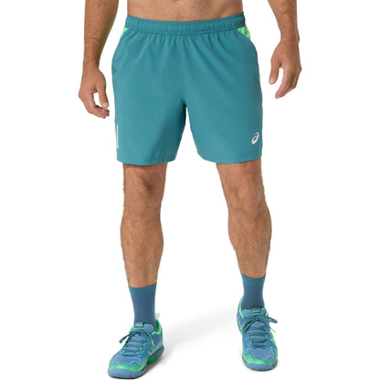 Teal athletic shorts with a brand logo on a white background