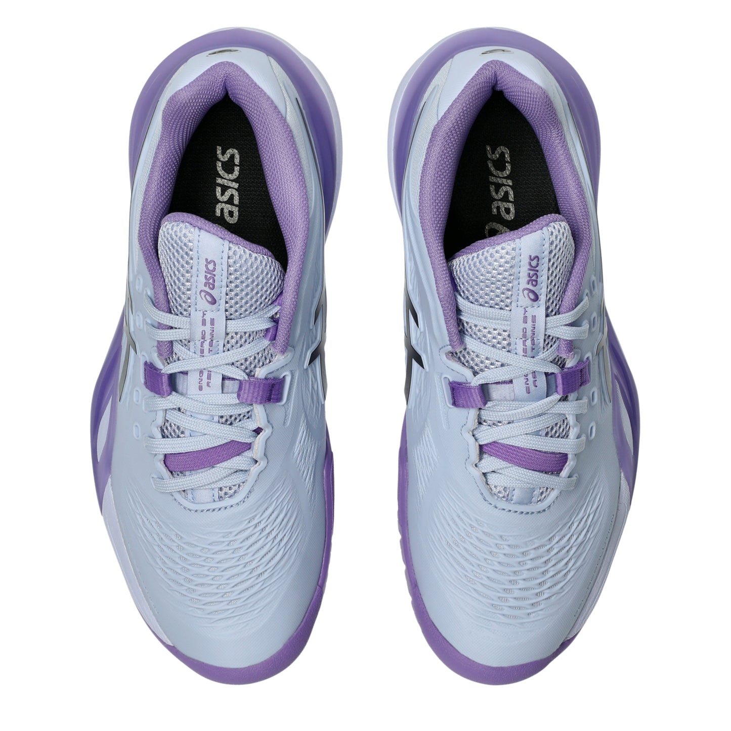 A pair of ASICS tennis shoes shown from a top-down view, featuring a white mesh upper with purple accents, white laces, and a black ASICS logo on the tongue.