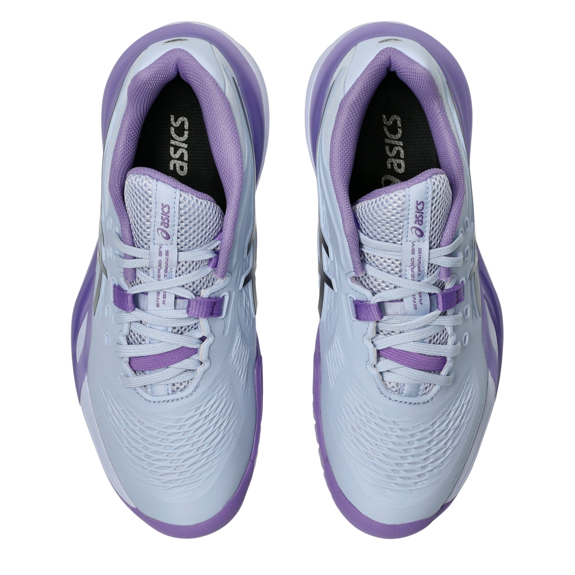A pair of ASICS tennis shoes shown from a top-down view, featuring a white mesh upper with purple accents, white laces, and a black ASICS logo on the tongue.