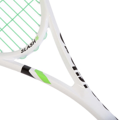 Close-up of a white Tecnifibre squash racket showing the throat, part of the frame, strings, and the brand name SLASH on a clean white background.