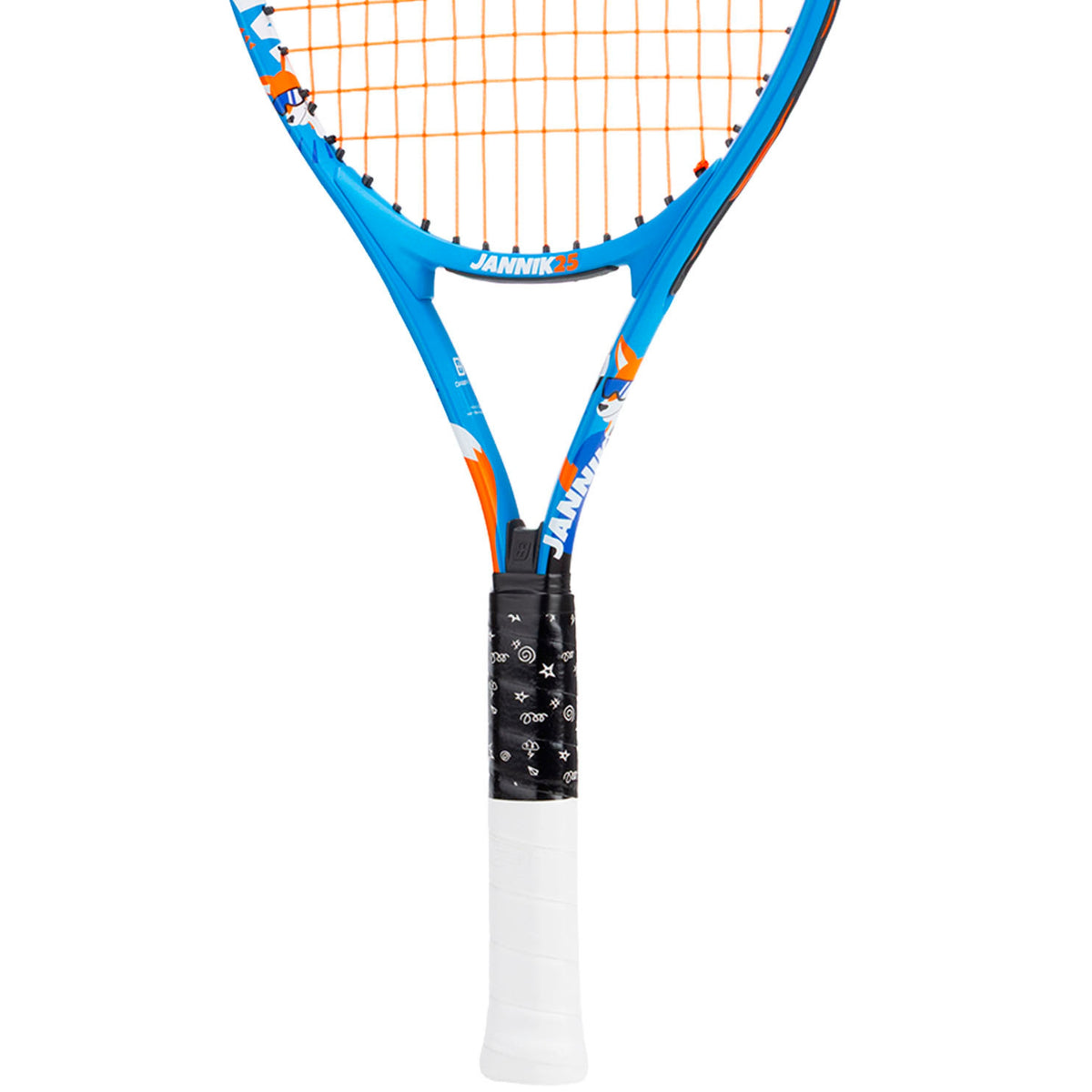A Jannik Head tennis racket with a blue frame, orange and white graphics, orange strings, and a black-and-white grip, shown against a plain white background.