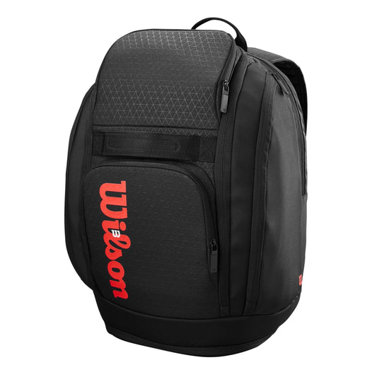 Black backpack with red Wilson logo on a white background