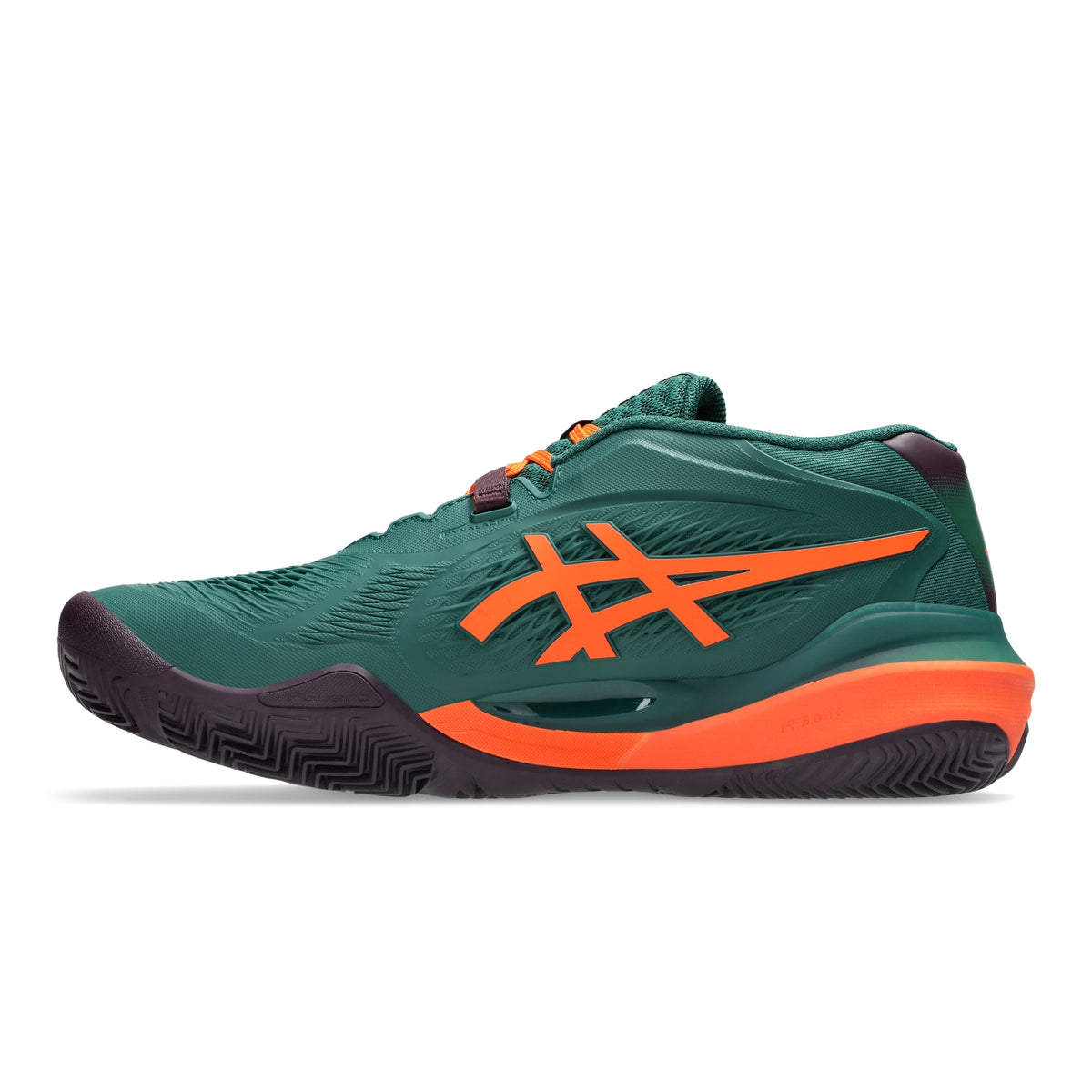 A dark green padel shoe with bright orange accents, including the ASICS logo and laces, shown in a side profile on a white background.