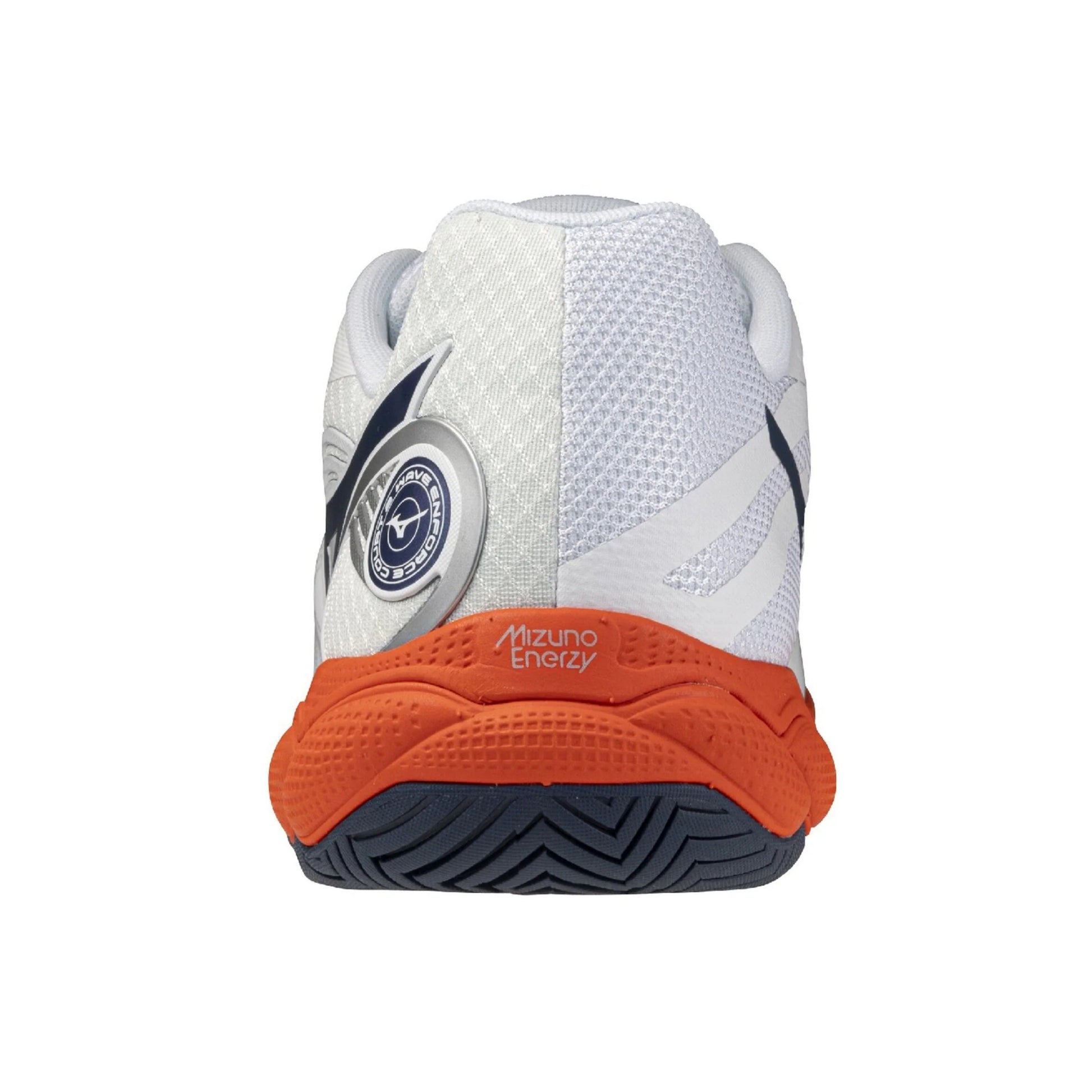 Rear view of a Mizuno Energy tennis shoe in white, featuring a textured white mesh upper, navy blue accents, and a bright orange midsole.