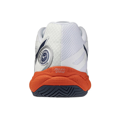 Rear view of a Mizuno Energy tennis shoe in white, featuring a textured white mesh upper, navy blue accents, and a bright orange midsole.