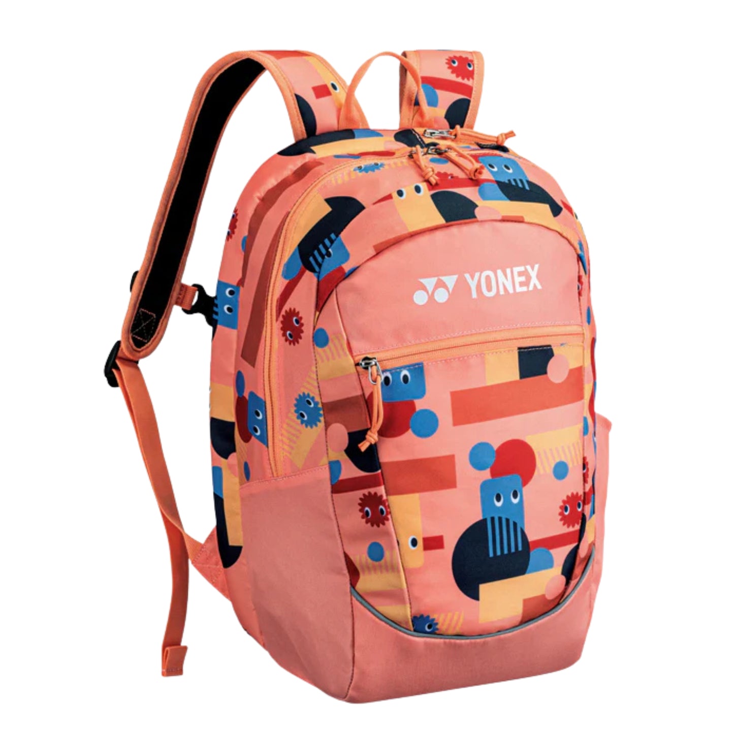 Colorful backpack with cartoon designs and Yonex logo on a white background