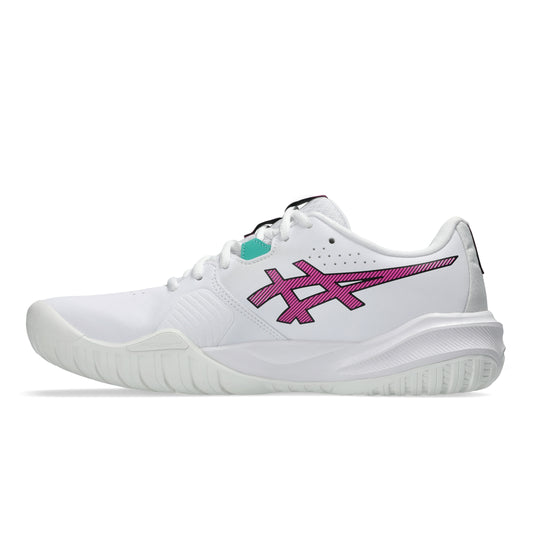 White tennis shoe with pink accents on a white background