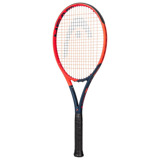 Head tennis racket with red and blue design on a white background