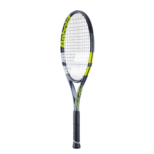Tennis Babolat racket with a black and yellow design on a white background