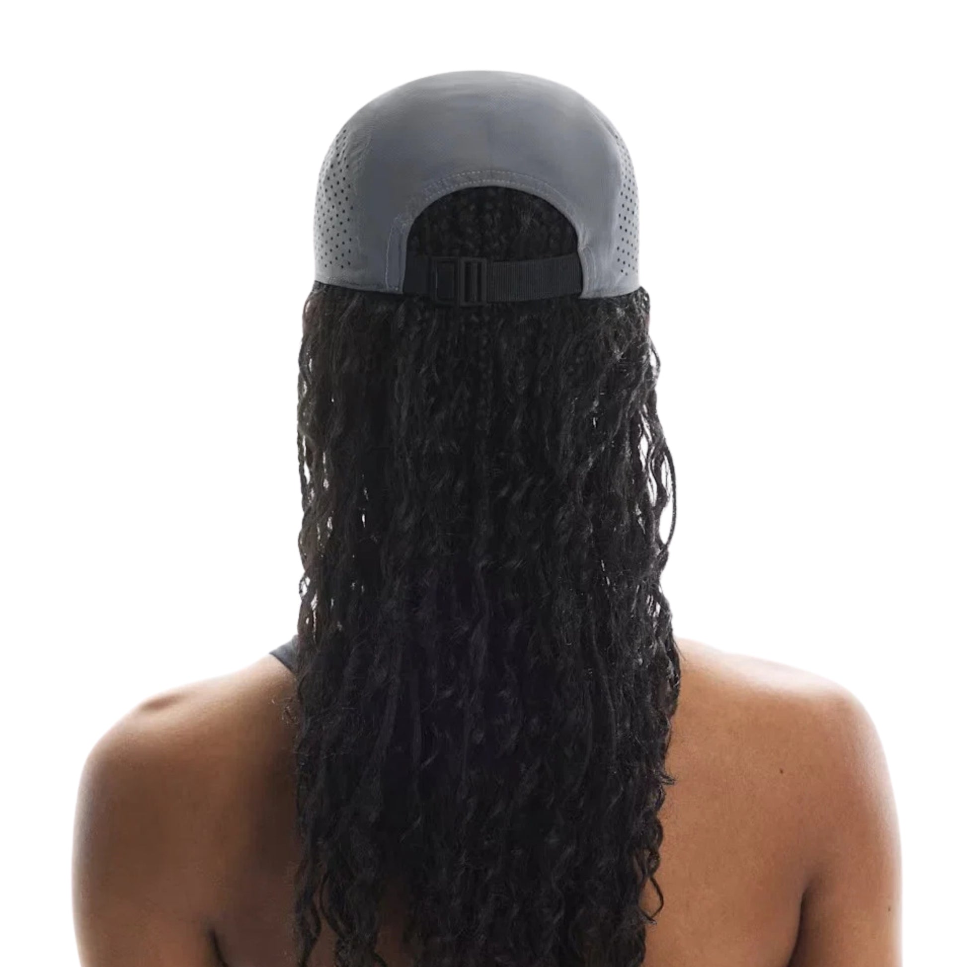 Back view of a woman wearing a grey On cap on a white background 