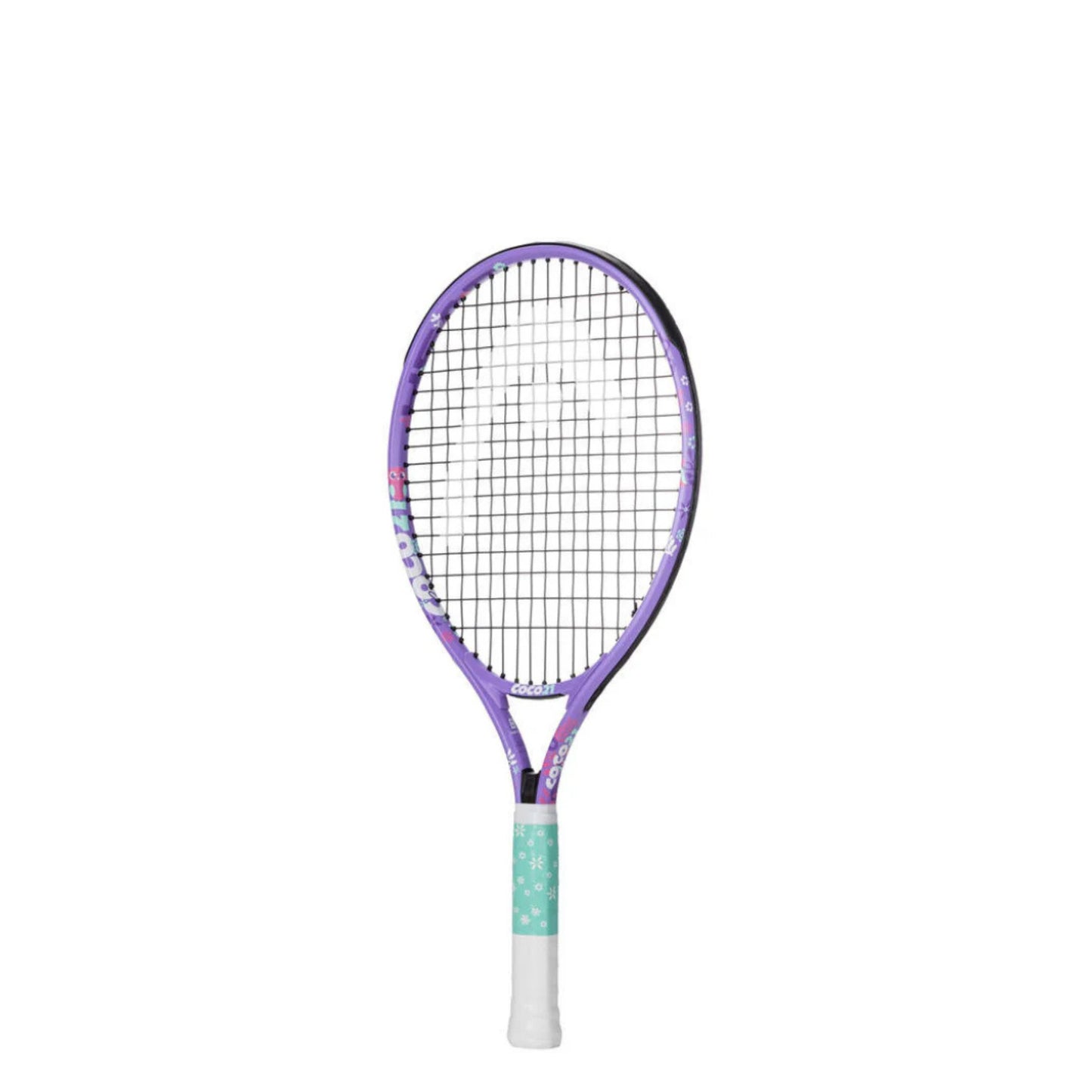 A kids Head tennis racket with a purple frame, black strings, and a white grip with a mint green patterned section, shown against a plain white background.