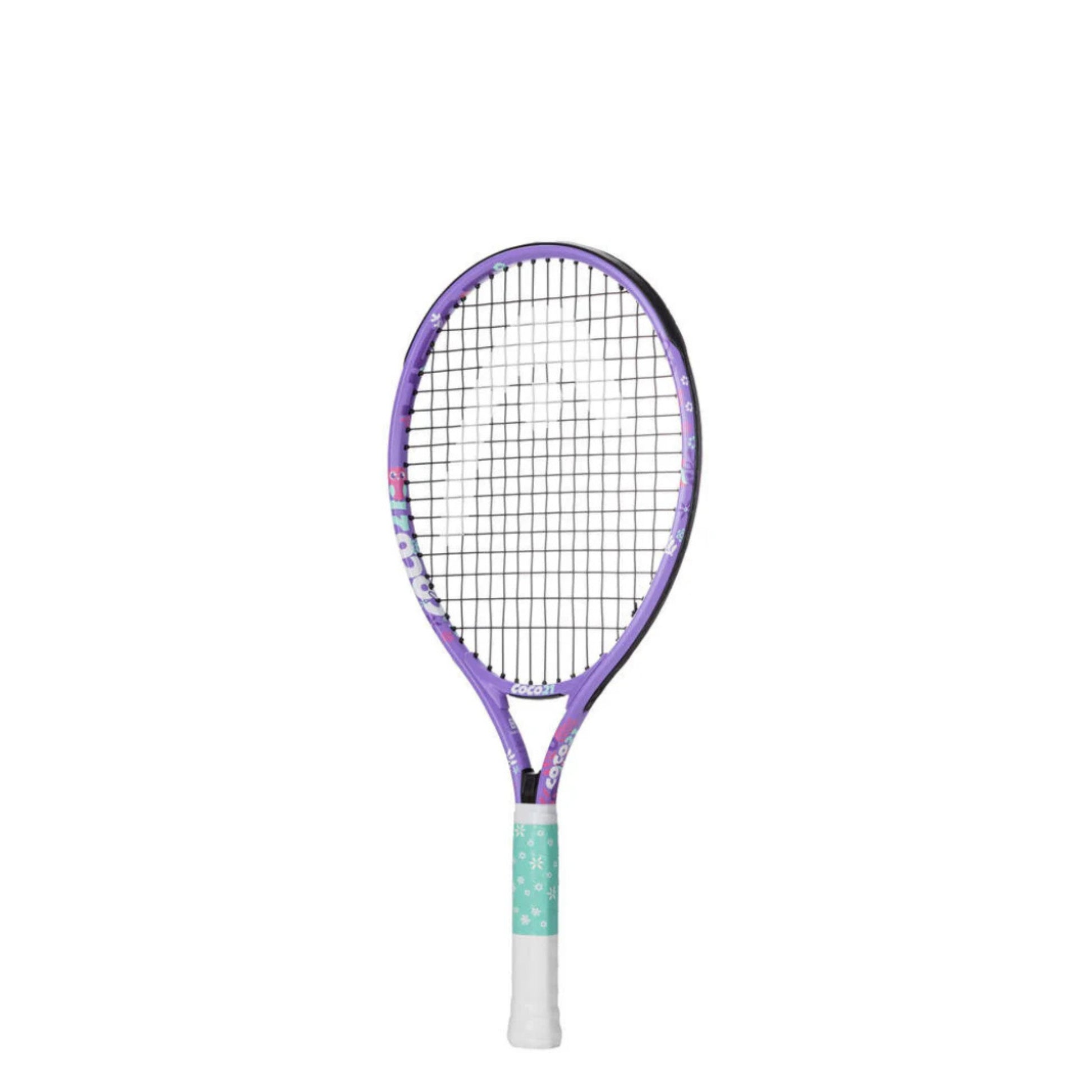 A kids Head tennis racket with a purple frame, black strings, and a white grip with a mint green patterned section, shown against a plain white background.