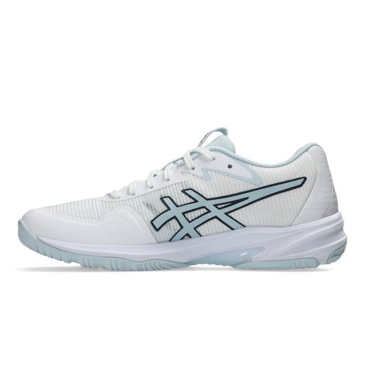 White netball shoe with light blue accents on a white background