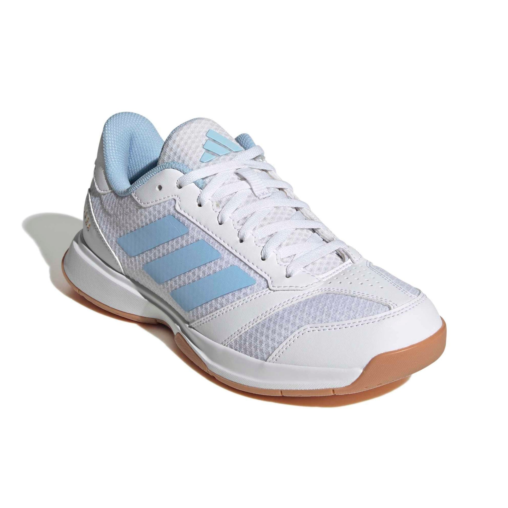 White and blue adidas shoe with the word Ligra on a white background