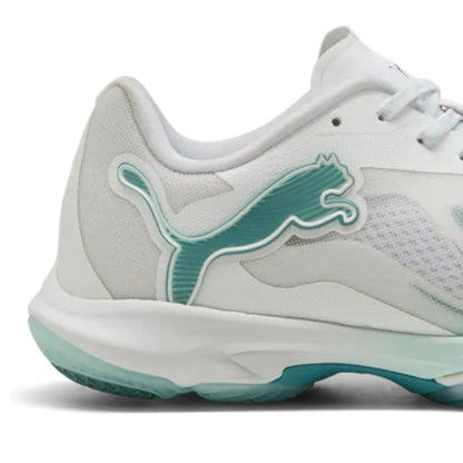 White and blue netball shoe with a brand logo on a white background