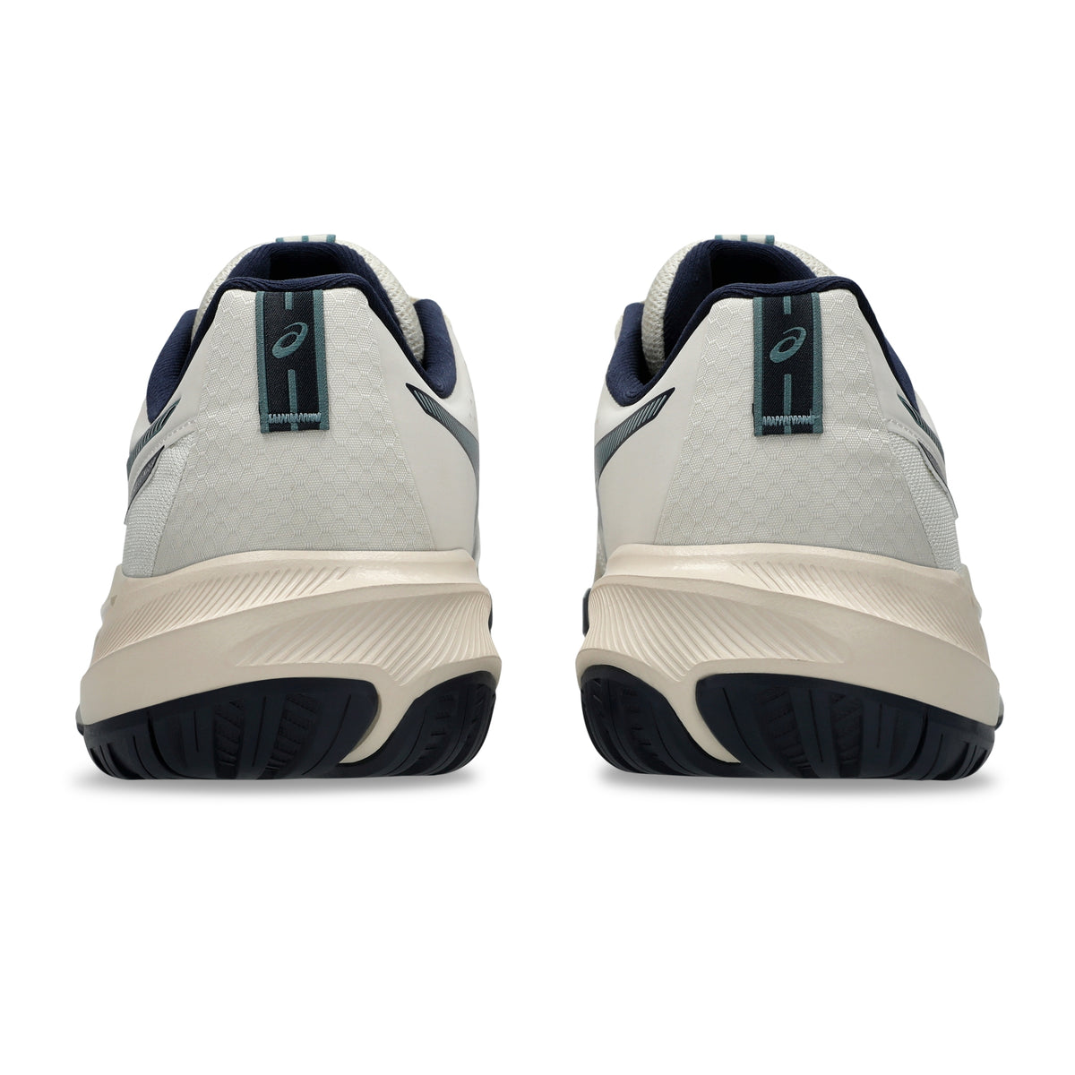 A pair of Asics tennis shoes shown from the rear, featuring a light gray and off-white mesh upper with navy blue accents, a thick cream-colored midsole, and a dark navy outsole.