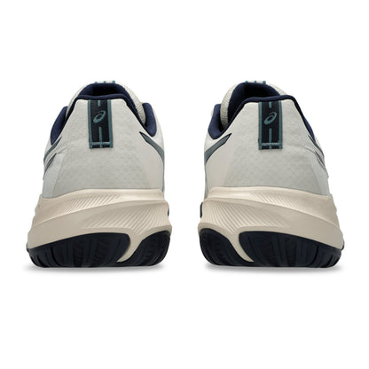 A pair of Asics tennis shoes shown from the rear, featuring a light gray and off-white mesh upper with navy blue accents, a thick cream-colored midsole, and a dark navy outsole.
