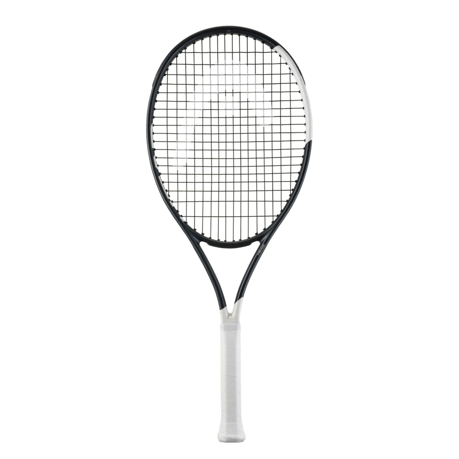A Head tennis racket with a black and white frame, black strings, and a white grip, shown vertically against a plain white background.
