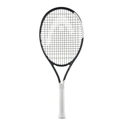 A Head tennis racket with a black and white frame, black strings, and a white grip, shown vertically against a plain white background.