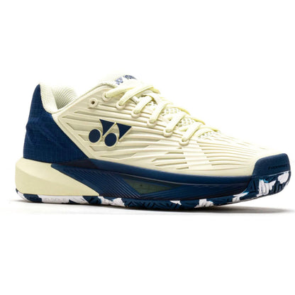 White and blue Yonex tennis shoe with brand logo on a white background