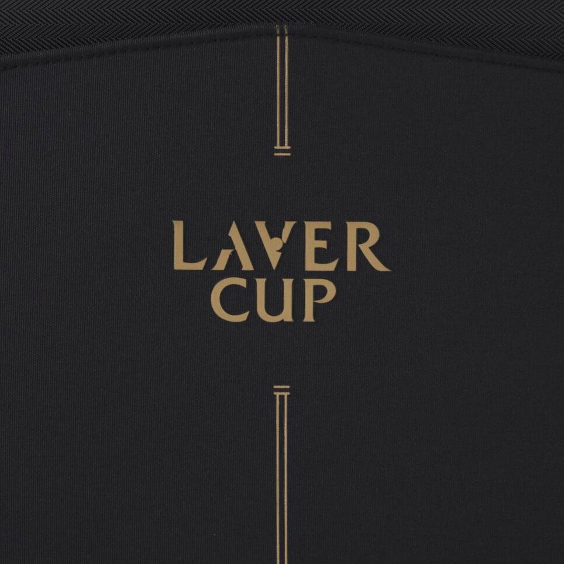 Black tennis bag with 'Laver Cup' text in gold
