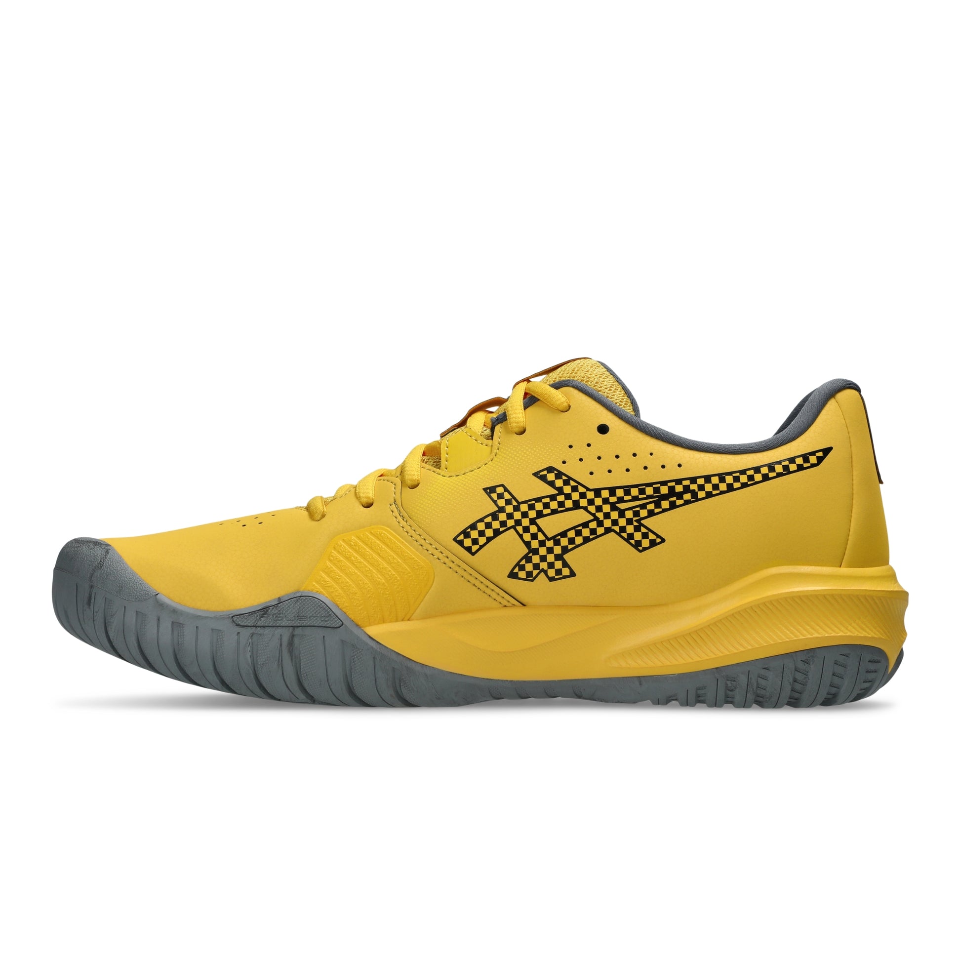 A yellow Asics tennis shoe with a black and yellow patterned logo, shown in a side profile view against a white background.